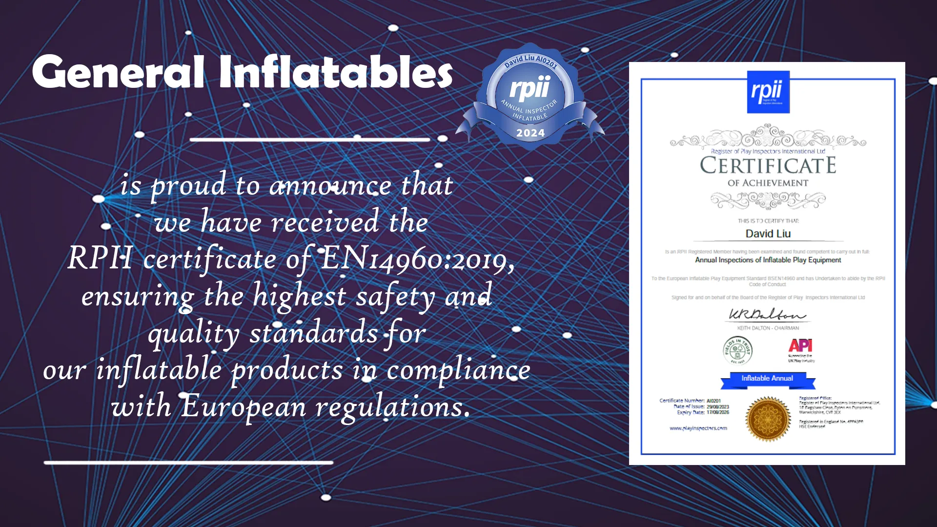 we have received the RPI certificate of EN14960:2019, ensuring the highest safety and quality standards for our inflatable products in compliance with European regulations.